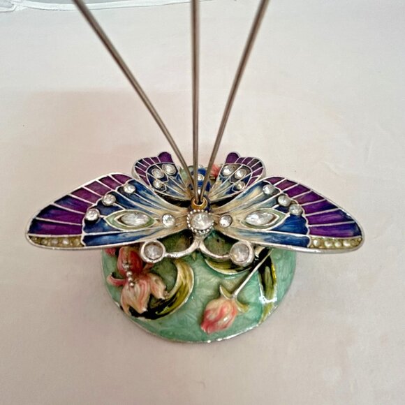 Enamel Butterfly Desk Card Photo Note Memo 8" Holder Floral Cloisonne Brass - Picture 2 of 7